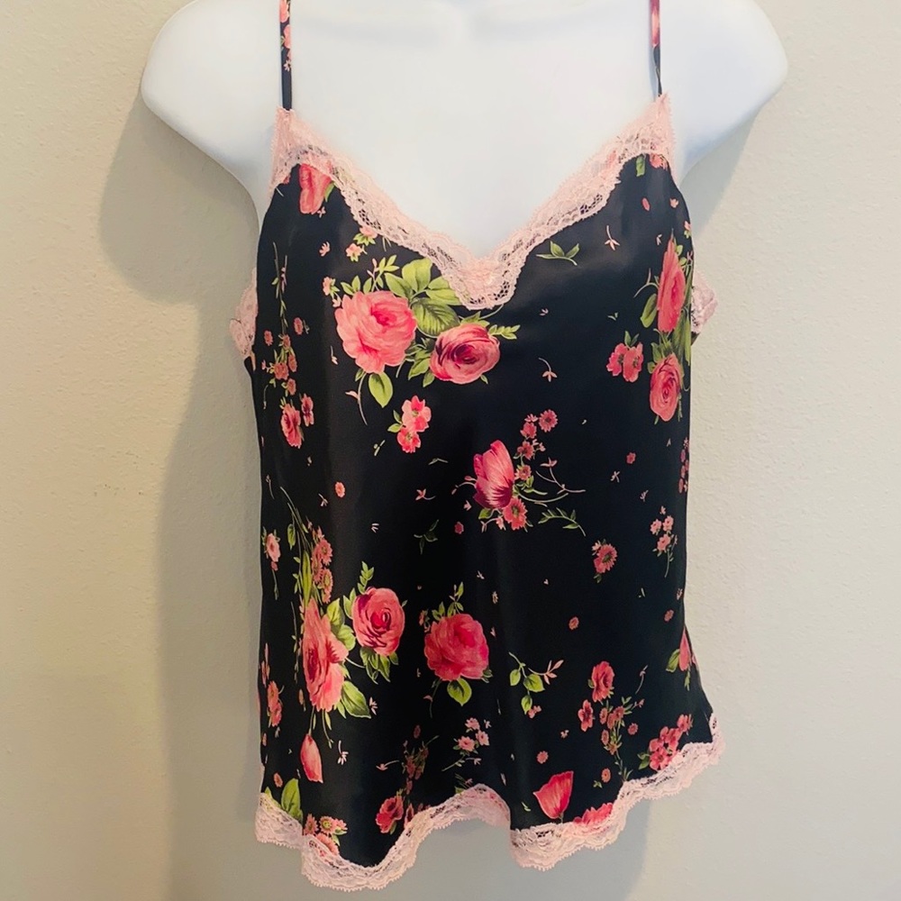 2002 Victoria’s Secret Silky Pink Roses Lace Black Vintage Camisole Tank Top M - Picture 7 of 8